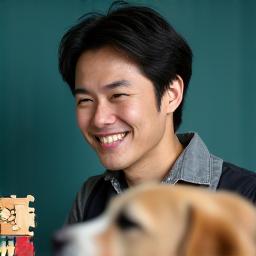 David Chen, our Enrichment Workshop Facilitator, with a happy Beagle.